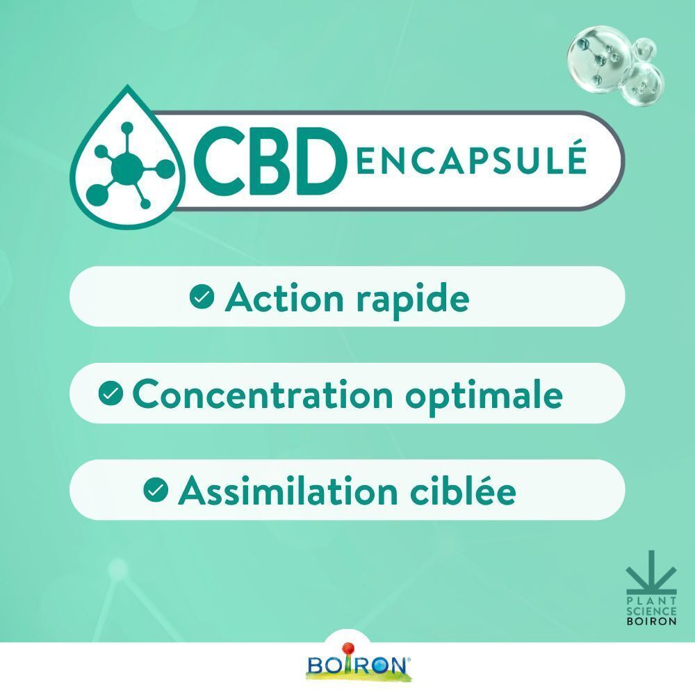 Graphique avec capsule de CBD. Texte: Action rapide, Concentration optimale, Assimilation ciblée.