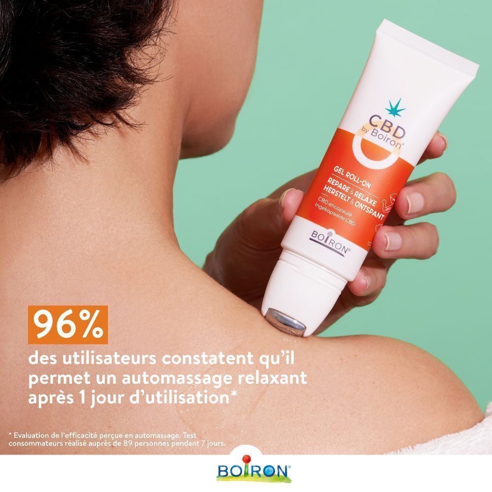 Personne massant l'épaule avec Boiron CBD Gel Roll-on. Texte: 96% des utilisateurs constatent qu'il permet un automassage relaxant.