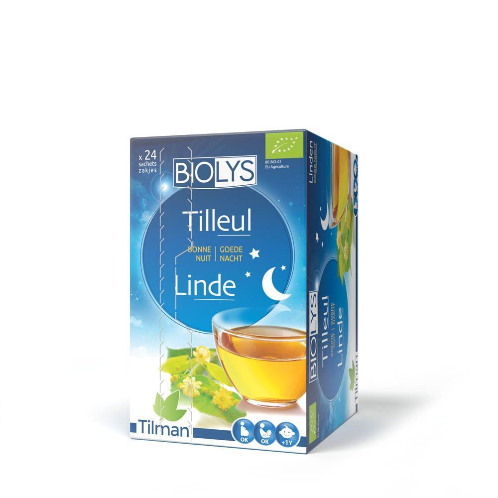 Boîte de Biolys Tilleul. Emballage bleu avec nom du produit, tasse de thé et lune. Label bio. Marque Tilman.