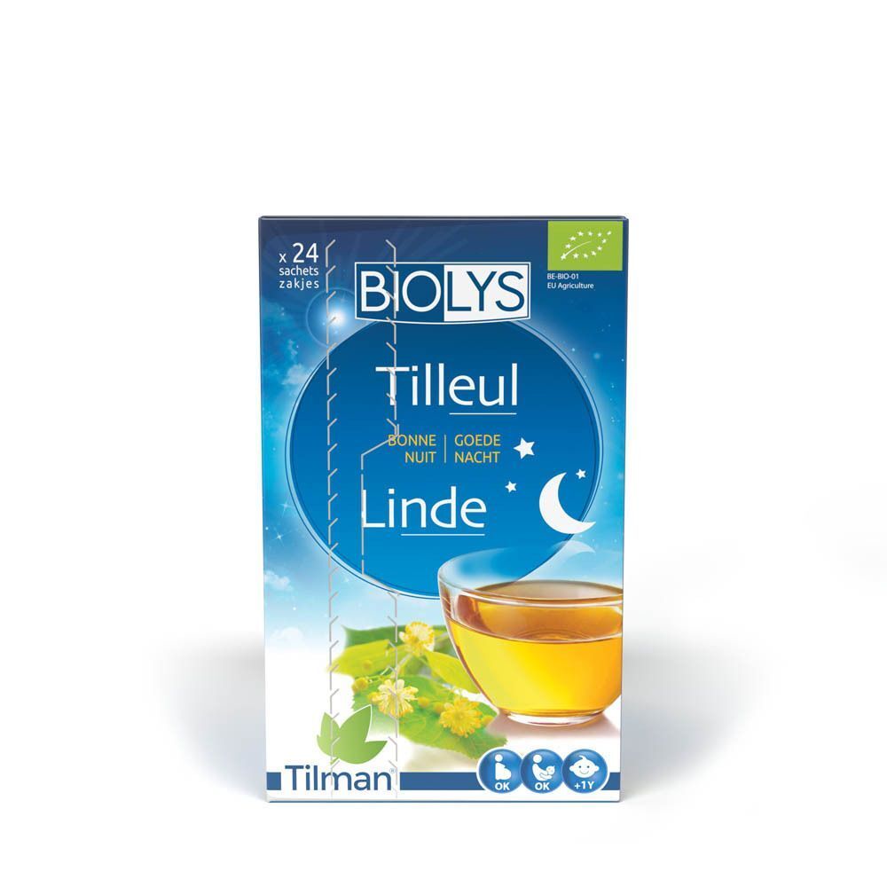 Doos Biolys Tilleul. Blauwe verpakking met productnaam, kopje thee en maan. Bio-label. Merk Tilman.