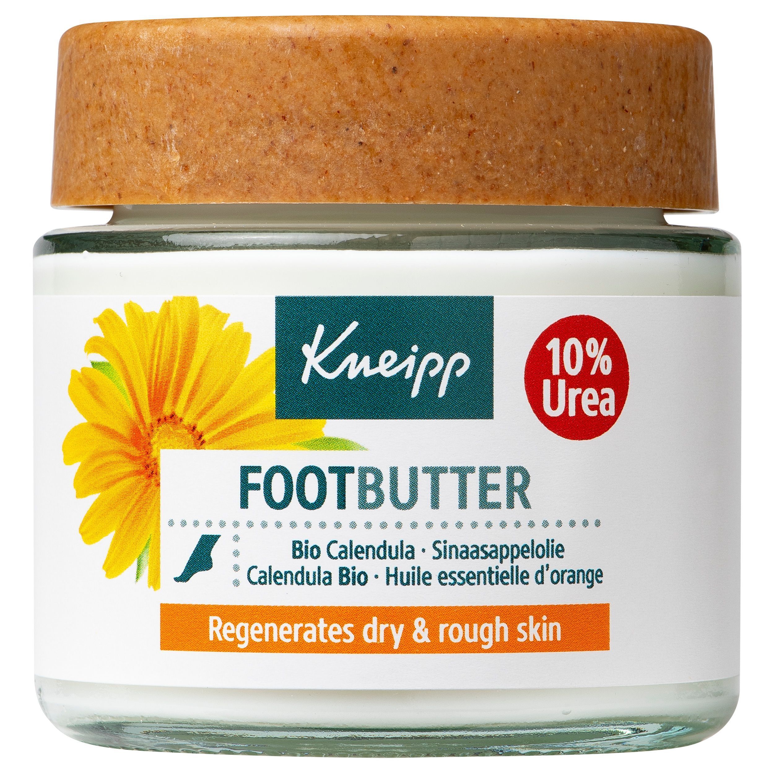 Pot voetboter met houten deksel en etiket. Etiket: Kneipp, Footbutter, 10% ureum, Bio Calendula, sinaasappelolie.
