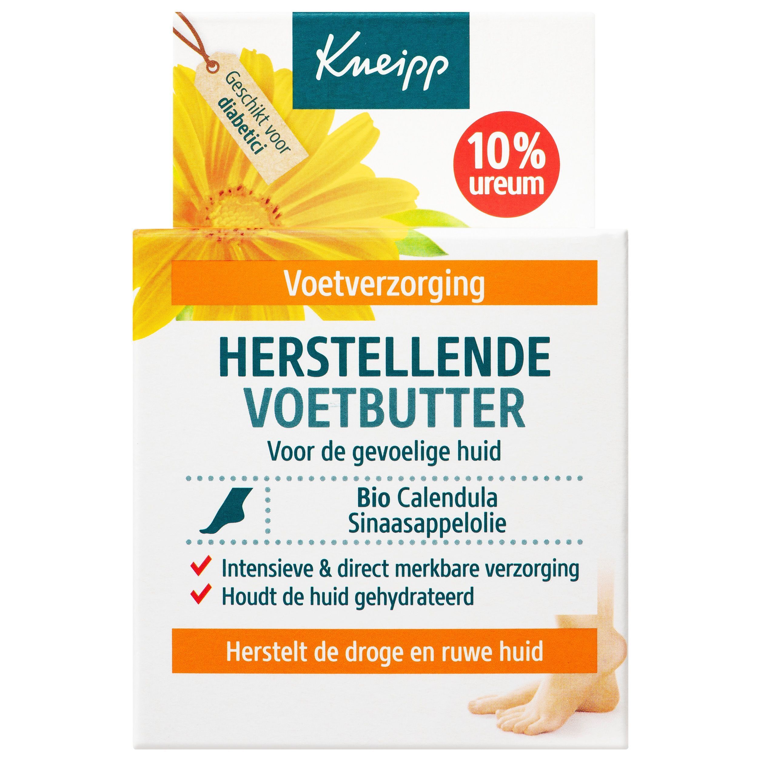 Boîte blanche de beurre pour les pieds. Sur la boîte : Kneipp, Voetverzorging, Herstellende Voetbutter, 10% urée, convient aux diabétiques.