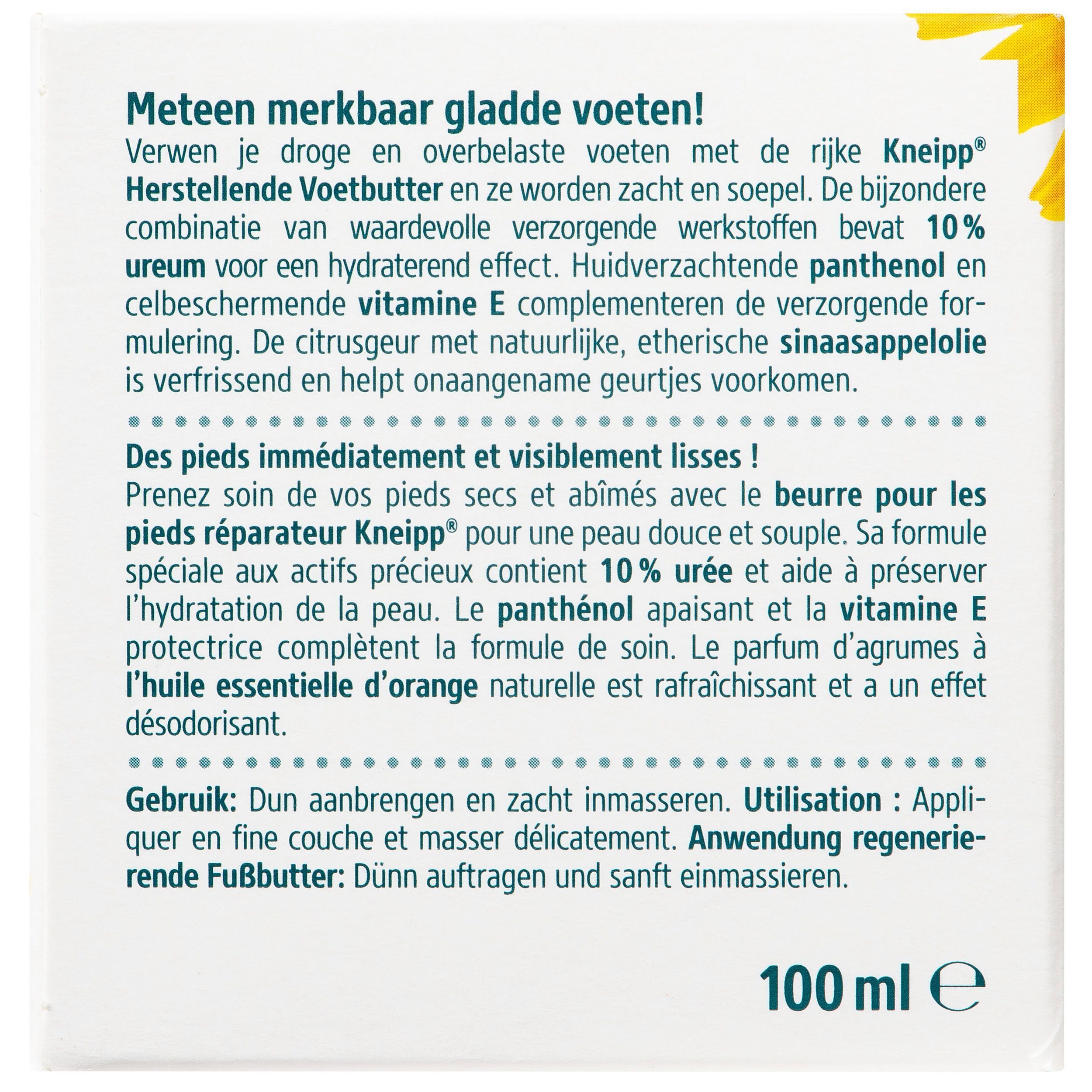 Dos de la boîte avec texte en néerlandais et en français. Contient des informations sur l'utilisation et les ingrédients.