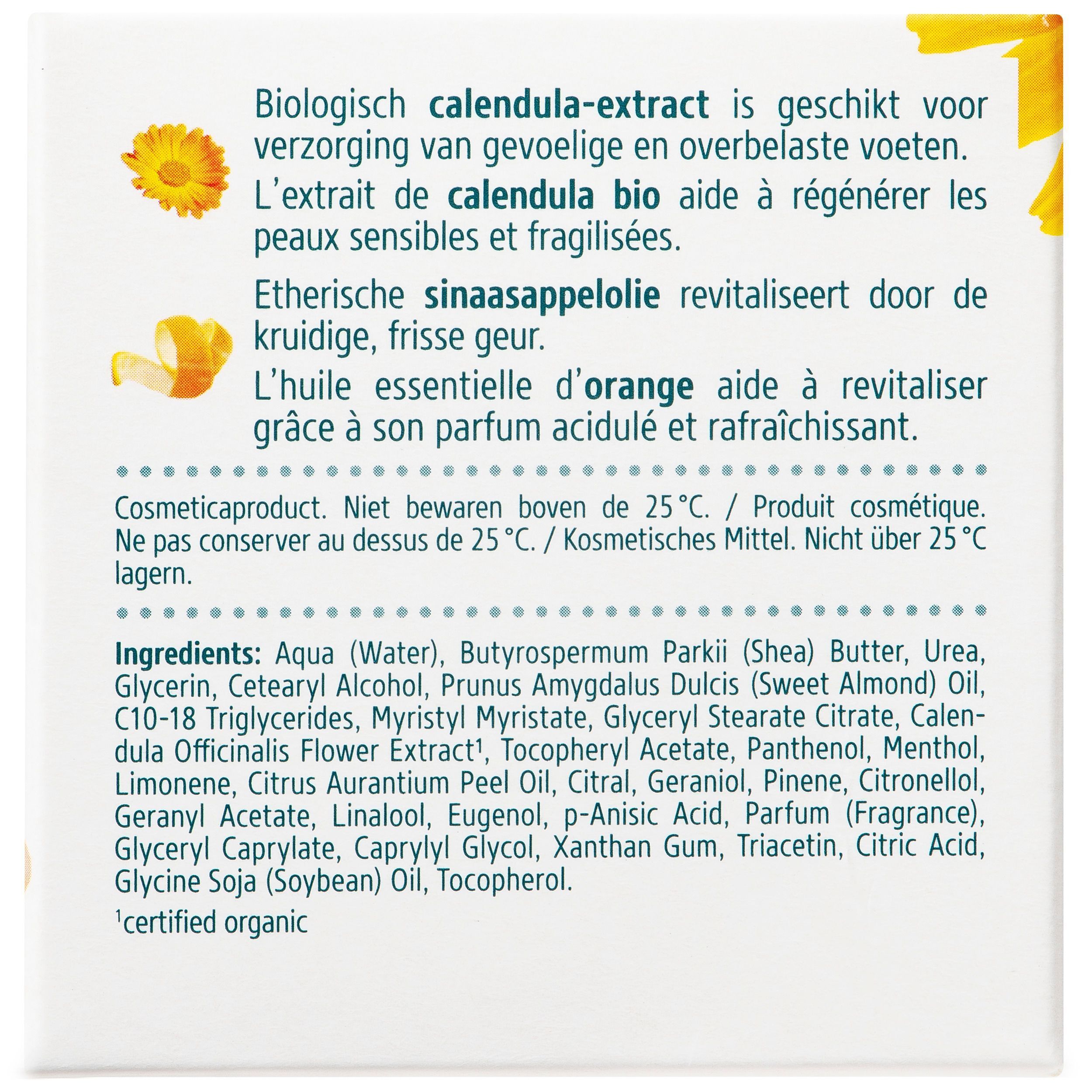 Dos de la boîte avec texte en néerlandais et en français. Contient des informations sur les ingrédients et l'utilisation.