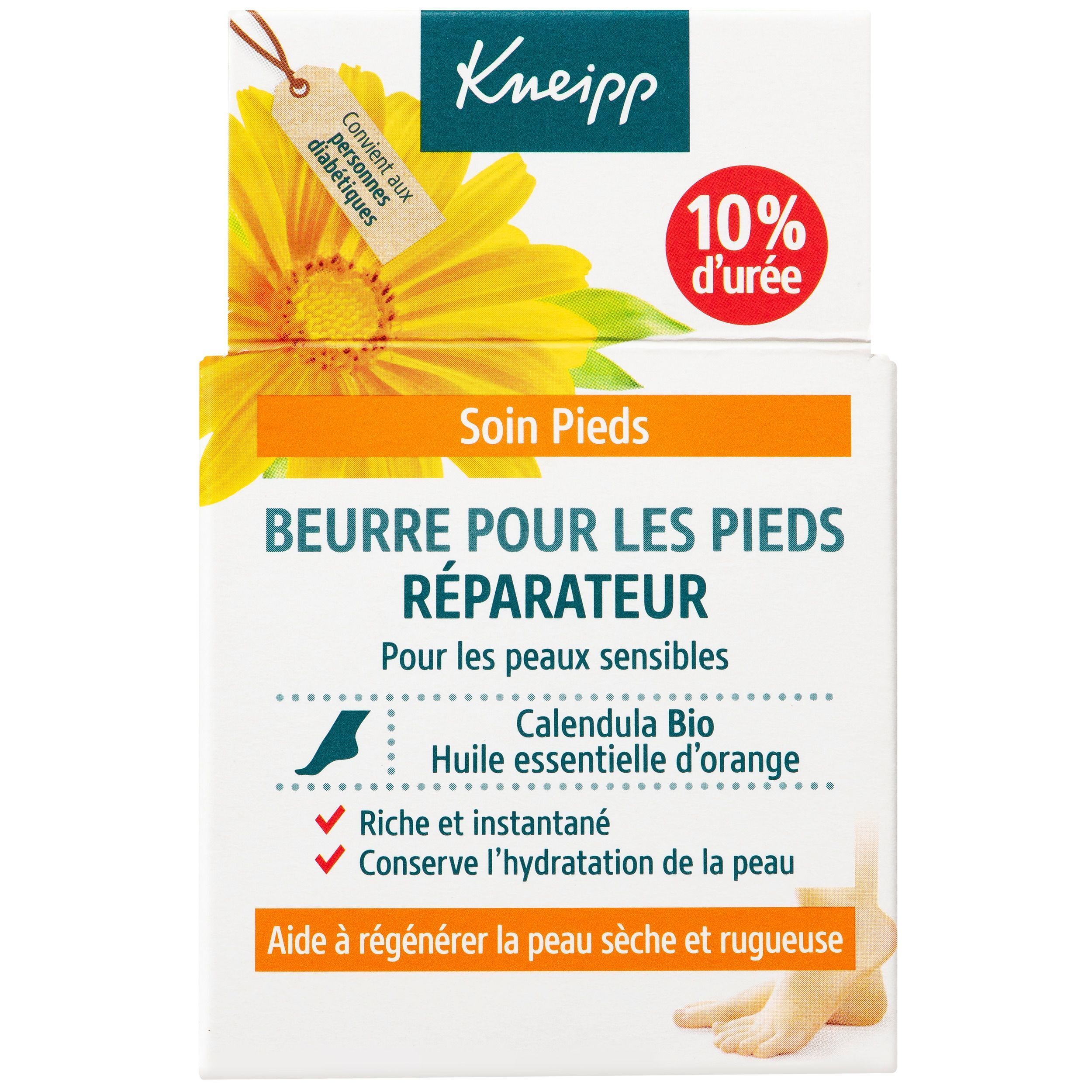 Witte doos met voetboter. Op de doos: Kneipp, Soin Pieds, Beurre pour les pieds réparateur, 10% ureum.