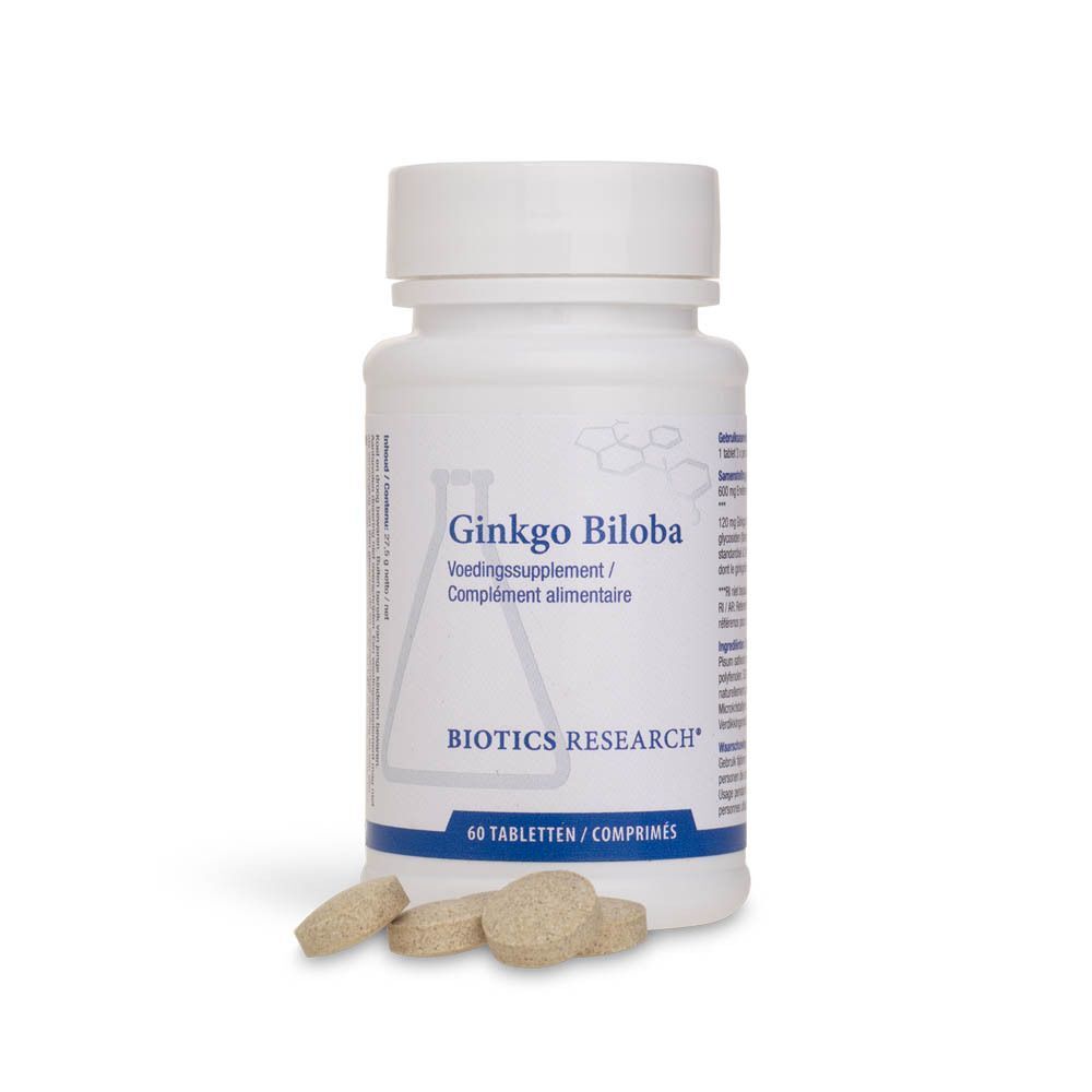 Witte fles met Ginkgo Biloba-etiket en tabletten ernaast. Opschrift: Biotics Research. 60 tabletten/comprimés.