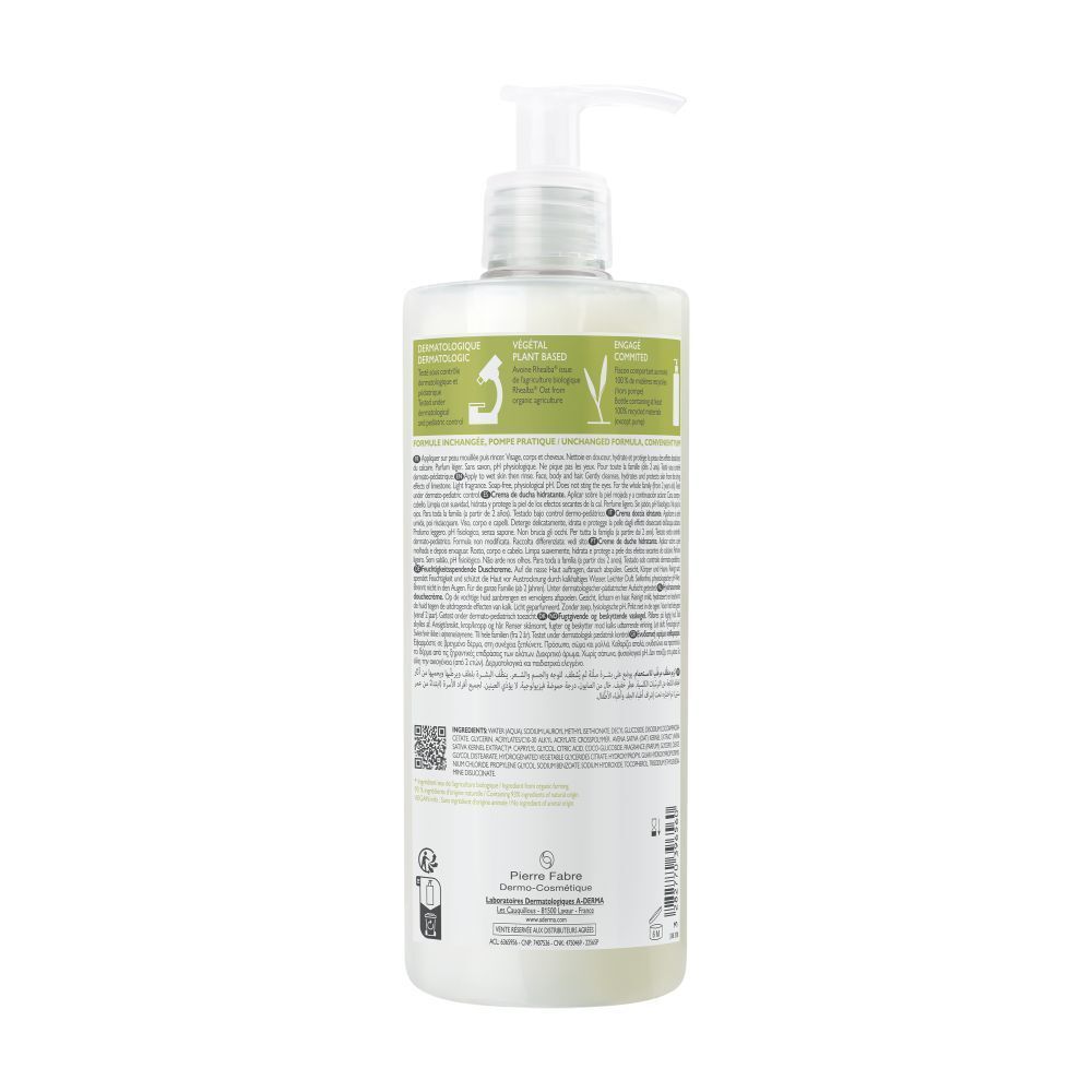 Dos d'un flacon A-DERMA Crème douche hydratante. Texte et code QR sur fond blanc.