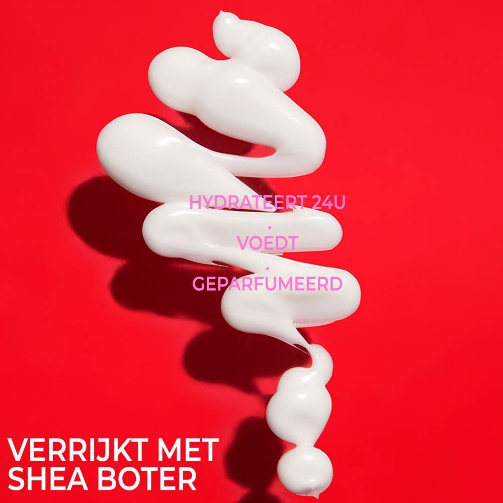 Wit product op rode achtergrond. Tekst: Verrijkt met Shea Boter, Hydrateert 24U, Voedt, Geparfumeerd.