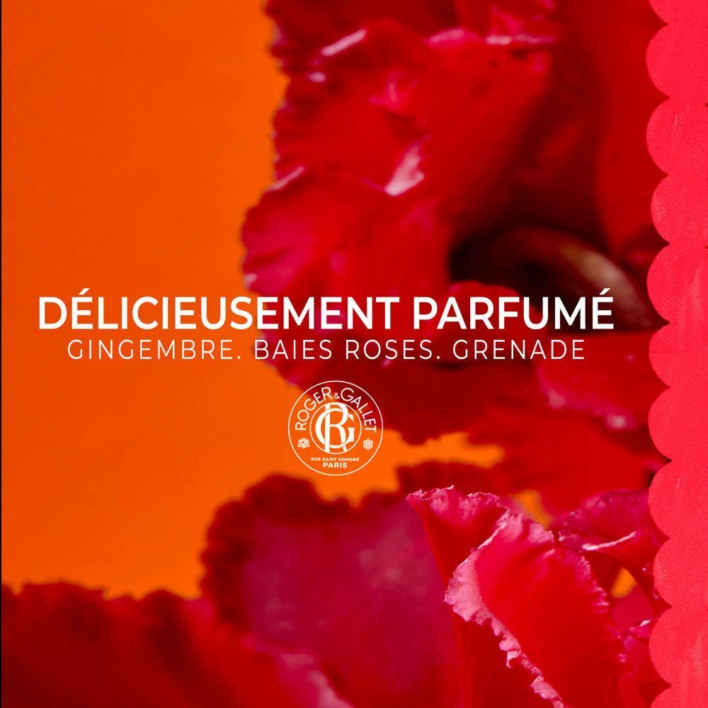 Texte : Délicieusement Parfumé, Gingembre, Baies Roses, Grenade. Logo Roger & Gallet.
