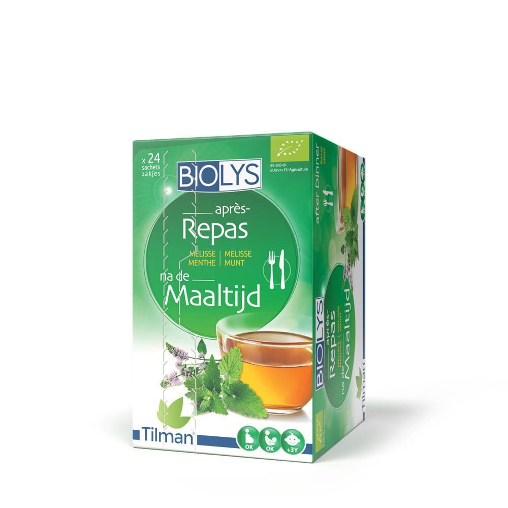 Groene Biolys doos. Toont een glas thee met munt en citroenmelisse. Opschrift: Repas, na de Maaltijd. Bio logo. 24 zakjes.