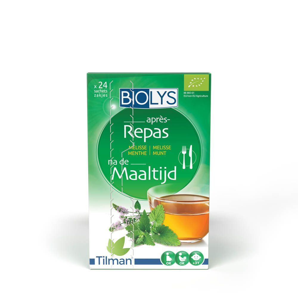 Boîte verte Biolys. Présente un verre de thé avec menthe et mélisse. Inscription: Repas, na de Maaltijd. Logo bio. 24 sachets.