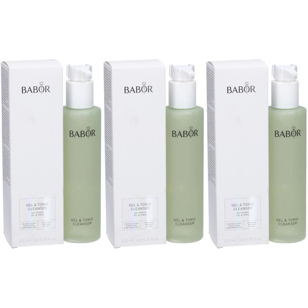 Drei Flaschen Doctor Babor Gel & Tonic Cleanser mit Pumpspender.