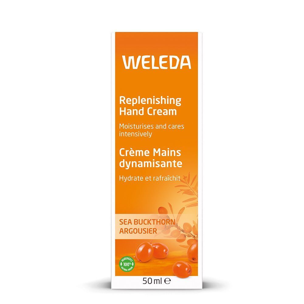 Weleda handcrèmetube in verpakking. Oranje tube met witte dop. Tekst: Replenishing Hand Cream, Crème Mains dynamisante.