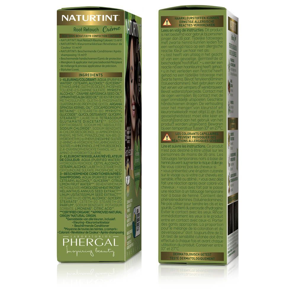Naturtint Root Retouch Crème verpakking met ingrediënten en gebruiksinstructies.