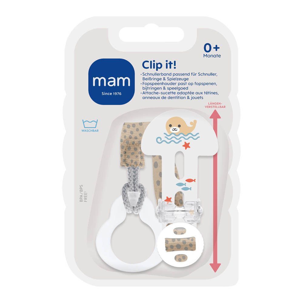 Clip it! Mam attache-sucette avec motif phoque, sans BPA/BPS, lavable.