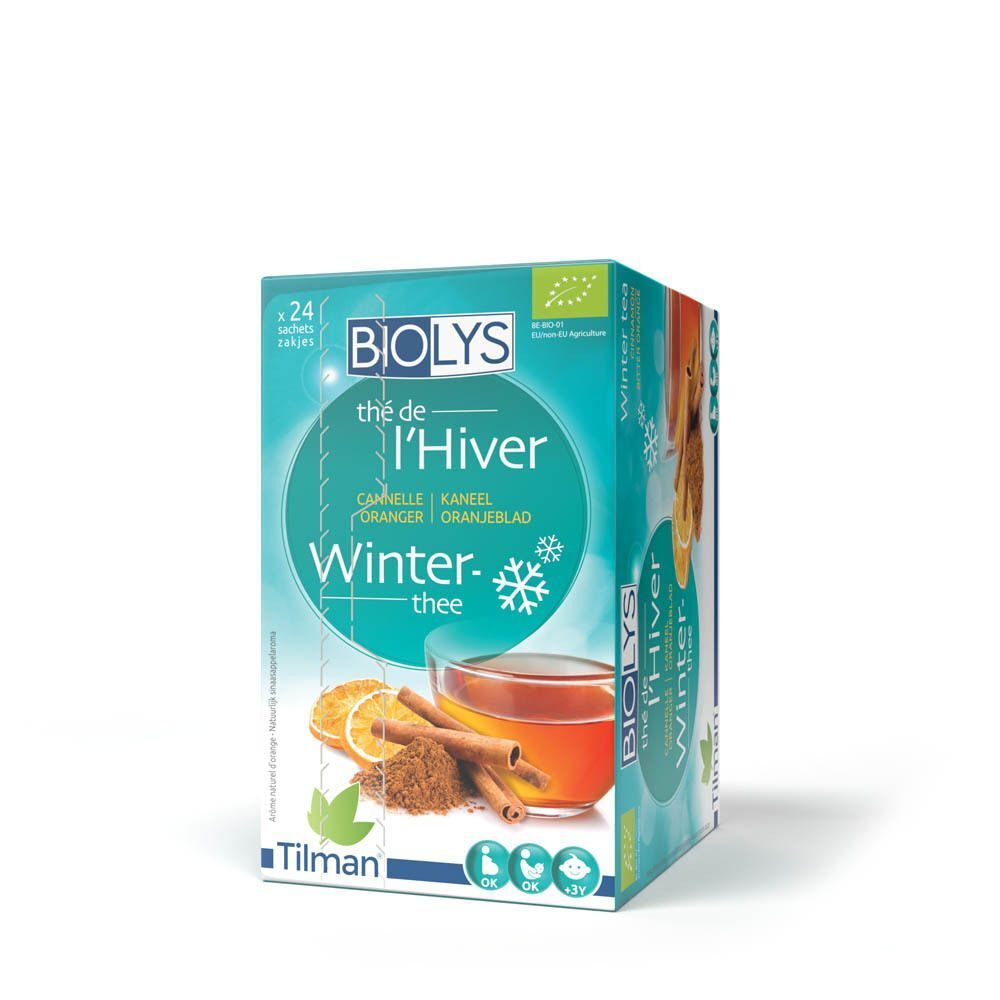 Theedoos. Opschrift: Biolys, Thé de l'Hiver, Winter-thee. Afbeelding: kaneel, sinaasappel, thee in glas.