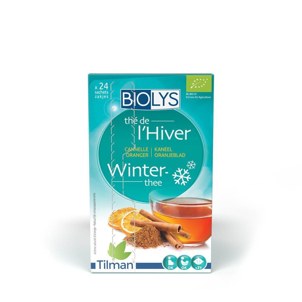 Boîte de thé Biolys. Inscription: Thé de l'Hiver, Winter-thee. Visuel: cannelle, orange, thé.