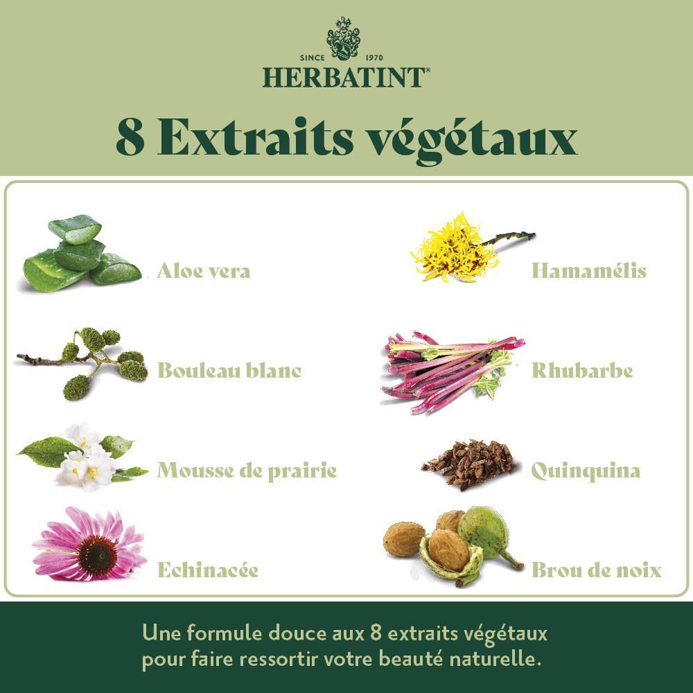Herbatint : Aloe Vera, Hamamélis, Bouleau blanc, Rhubarbe, Mousse de prairie, Quinquina, Echinacée, Brou de noix.