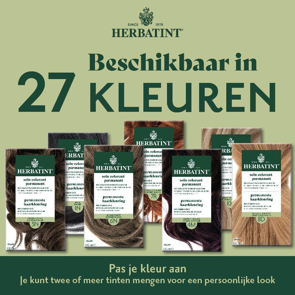 Meerdere dozen Herbatint permanente haarkleuring in diverse bruine, zwarte en blonde tinten.