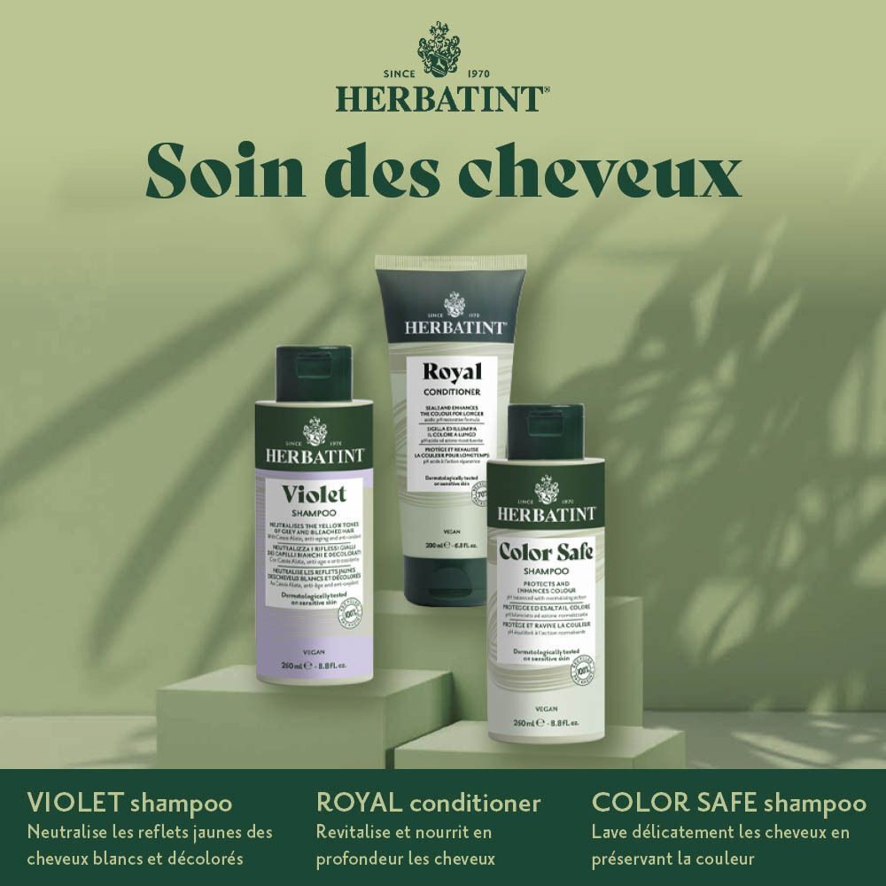 Trois produits capillaires Herbatint : Violet Shampoo, Royal Conditioner et Color Safe Shampoo.