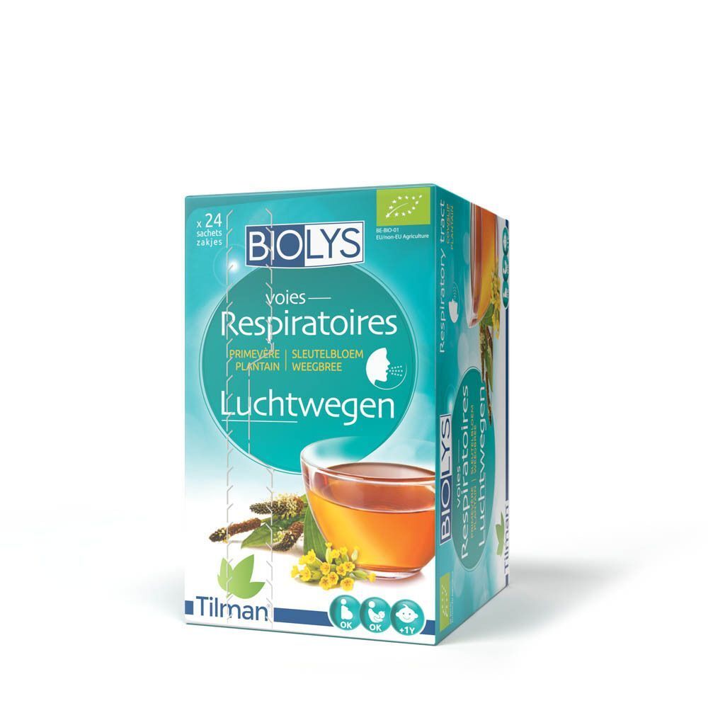 Boîte Biolys Primevère - Plantain. Boîte turquoise et blanche avec nom du produit, image d'une tasse de thé et herbes.