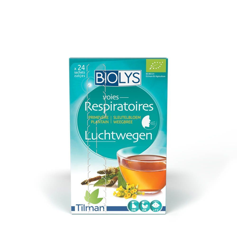 Boîte Biolys Primevère - Plantain. Boîte turquoise et blanche avec nom du produit, image d'une tasse de thé et herbes.