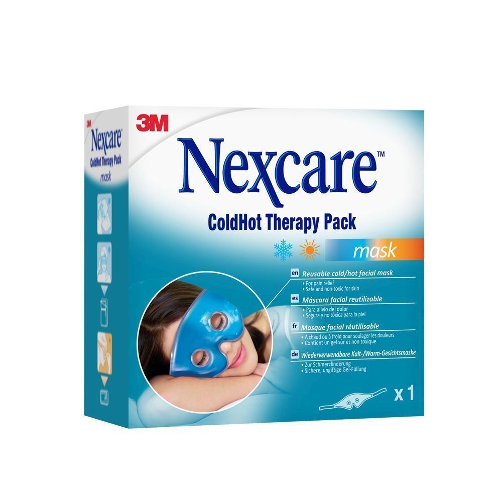 Nexcare ColdHot Therapy Pack. Masque facial bleu sur l'emballage. Nom du produit et logo clairement visibles.