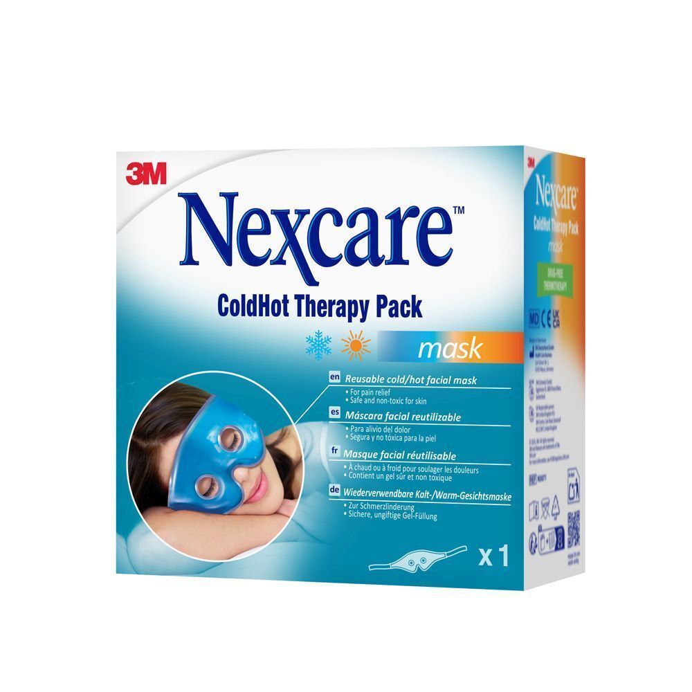 Nexcare ColdHot Therapy Pack. Blauw gezichtsmasker op de verpakking. Productnaam en logo duidelijk zichtbaar.