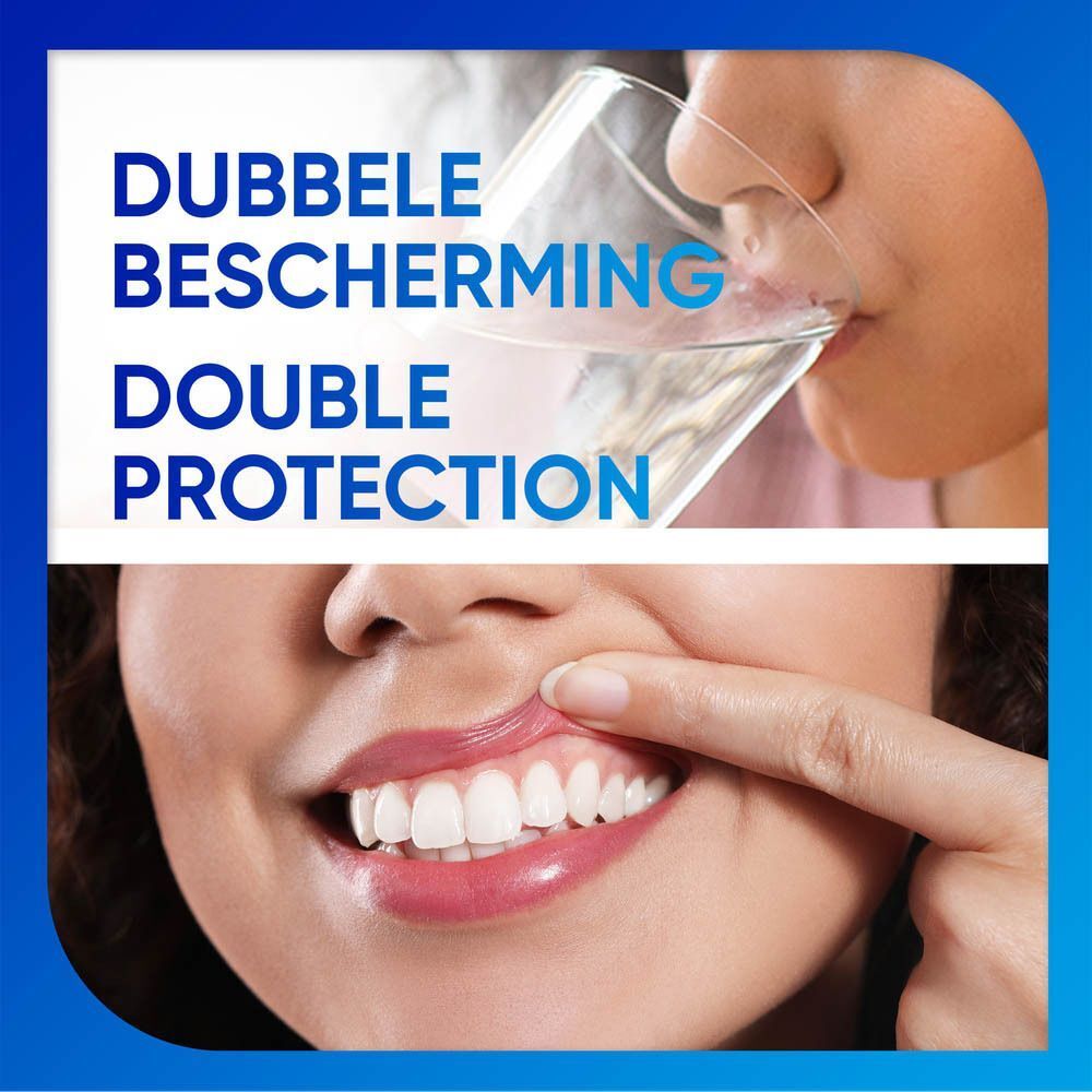 Bovenste helft van de afbeelding: persoon die uit een glas drinkt. Onderste helft van de afbeelding: close-up van een glimlach met gezonde tanden en tandvlees.