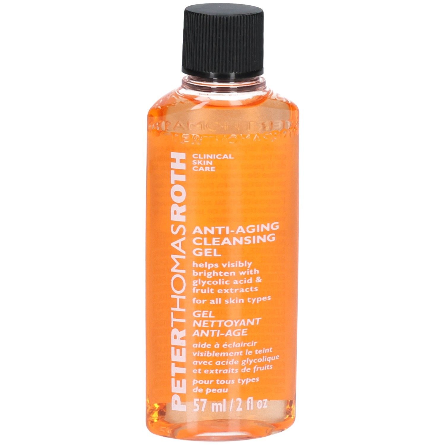 Peter Thomas Roth Anti-Aging Cleansing Gel, 57 ml. Orangefarbenes Gel in klarer Flasche mit schwarzem Deckel.