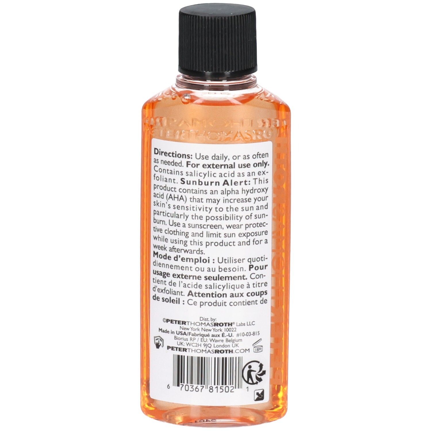 Peter Thomas Roth Anti-Aging Cleansing Gel, 57 ml. Rückseite der Flasche mit Anwendungshinweisen.