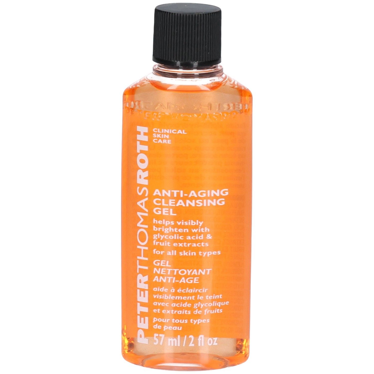 Peter Thomas Roth Anti-Aging Cleansing Gel, 57 ml. Orangefarbenes Gel in klarer Flasche mit schwarzem Deckel.