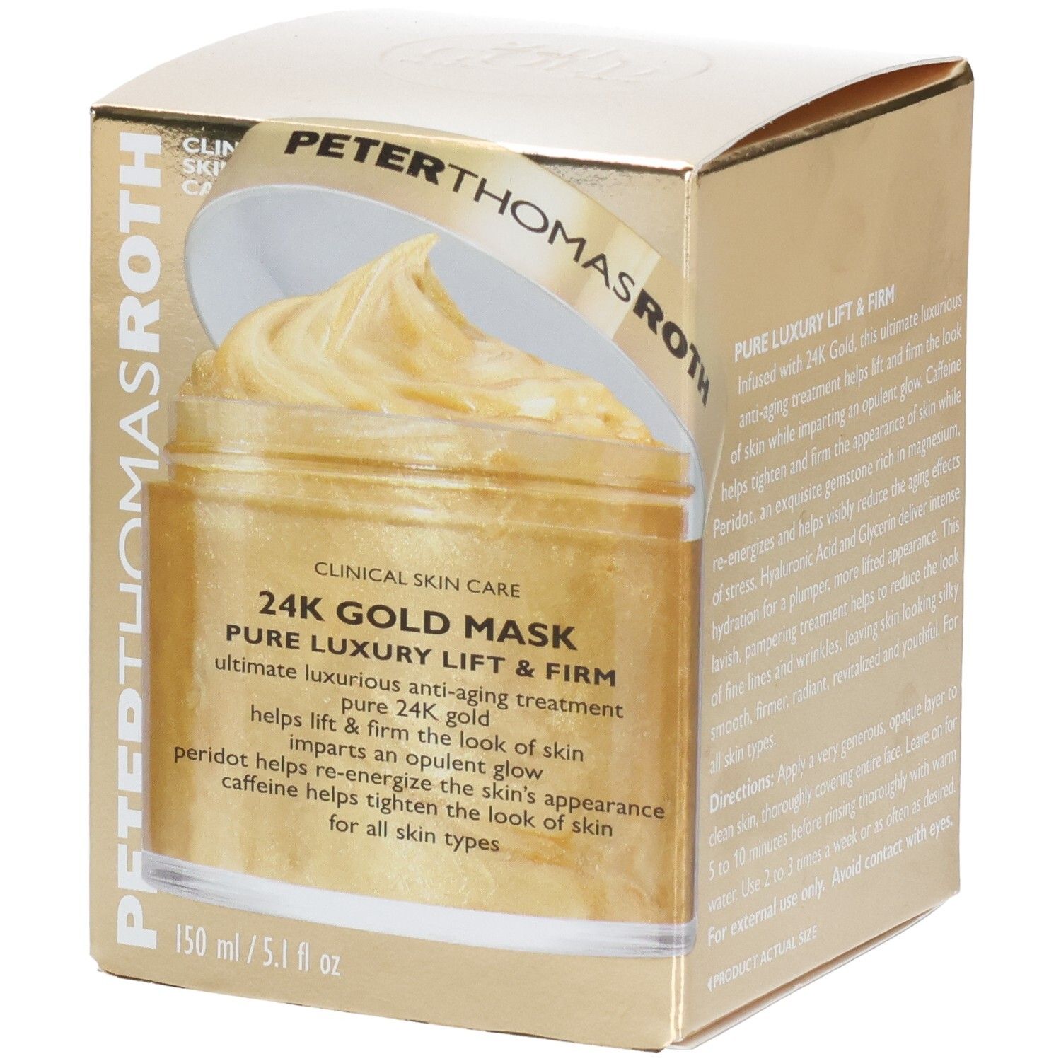 Peter Thomas Roth 24K Gold Mask: Goldene Gesichtsmaske in einem Glas, verpackt in einer goldenen Box.