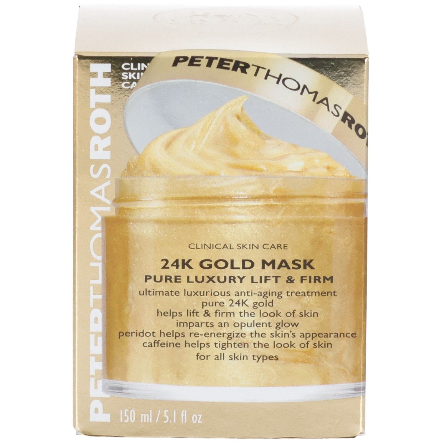 Peter Thomas Roth 24K Gold Mask: Goldene Gesichtsmaske in einem Glas, verpackt in einer goldenen Box.