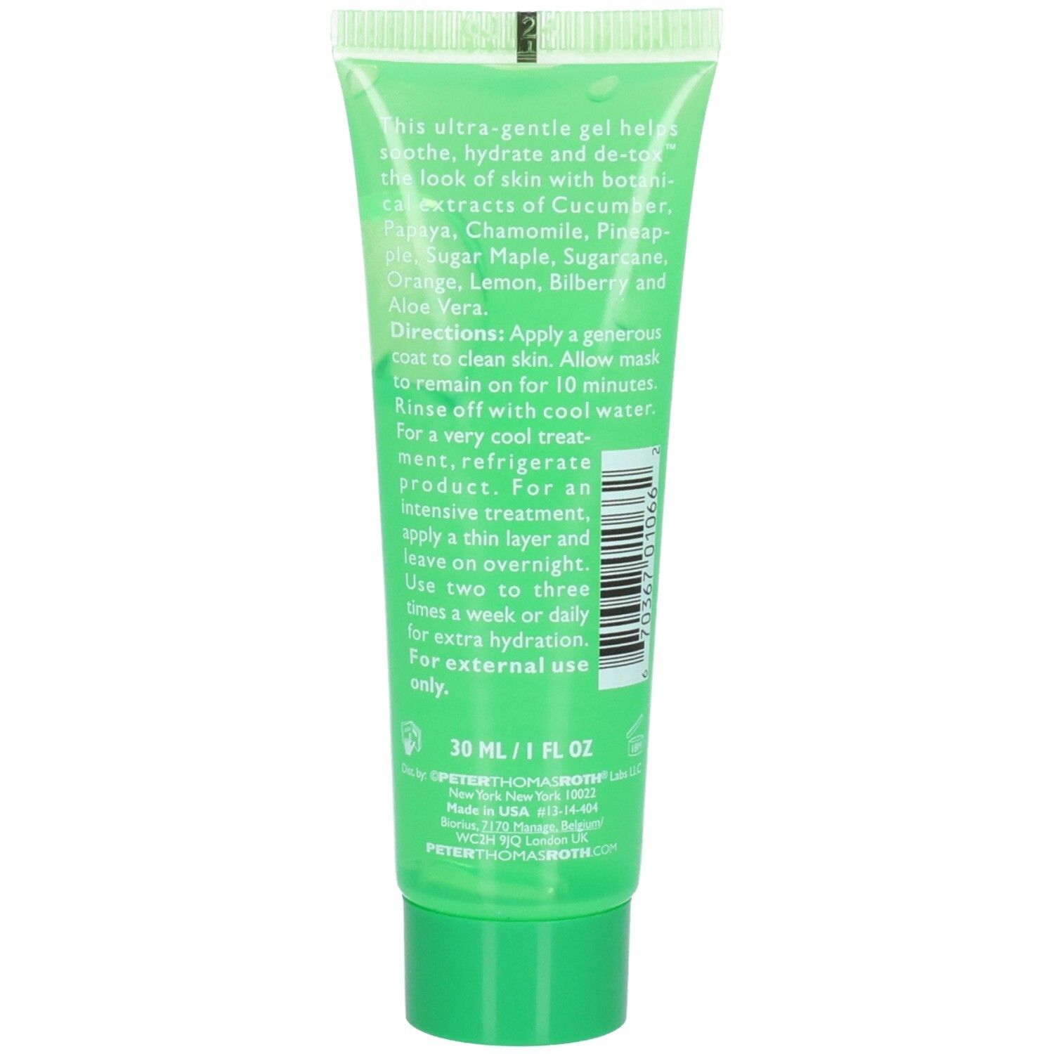 Rückseite der Peter Thomas Roth Cucumber Gel Mask Tube mit Anwendungshinweisen und Inhaltsstoffen. 30 ml / 1 fl oz.