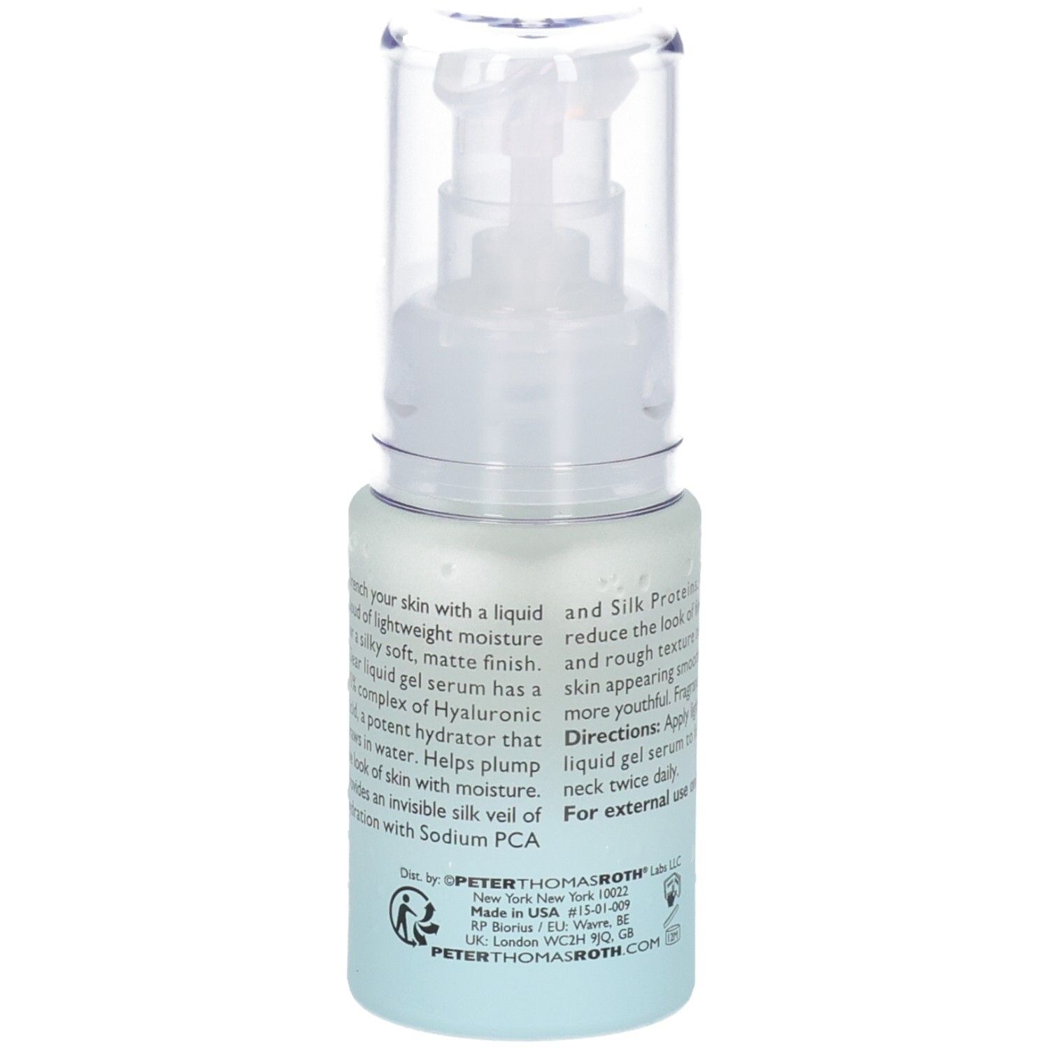 Seitenansicht der Peter Thomas Roth Water Drench Serum Flasche mit detaillierten Produktinformationen und Siegeln.