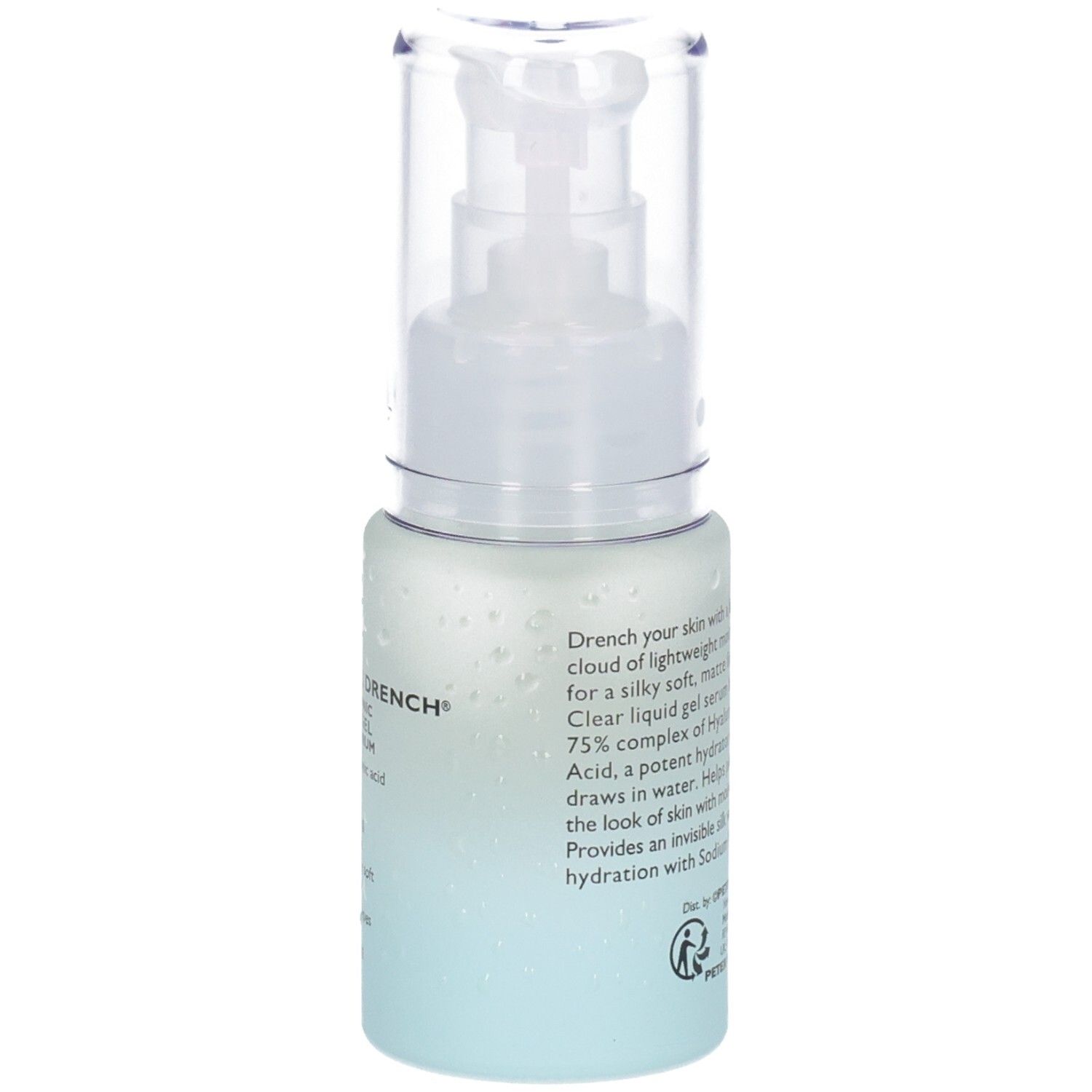 Peter Thomas Roth Water Drench Serum Flasche mit Fokus auf die Textur und den feuchtigkeitsspendenden Effekt.