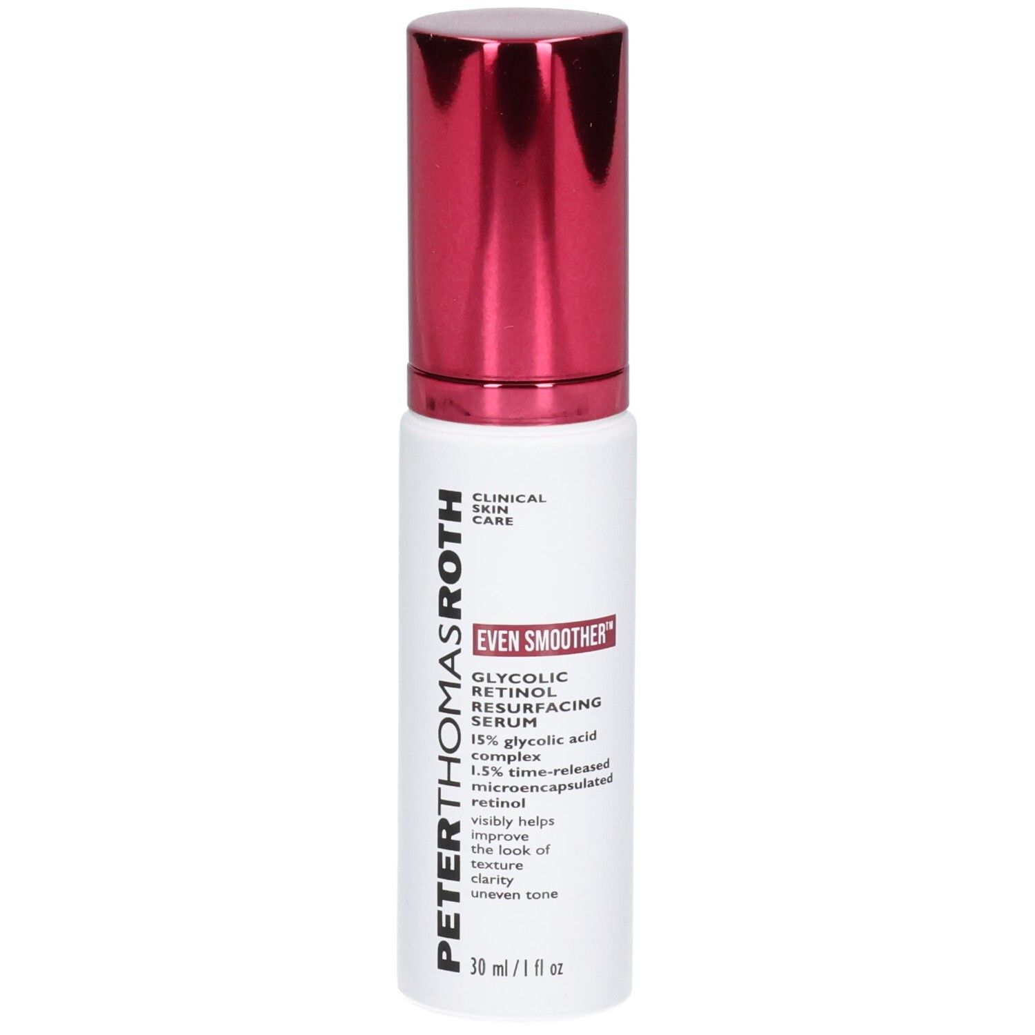 Peter Thomas Roth Even Smoother Glycolic Retinol Serum Flasche mit rotem Pumpspender.