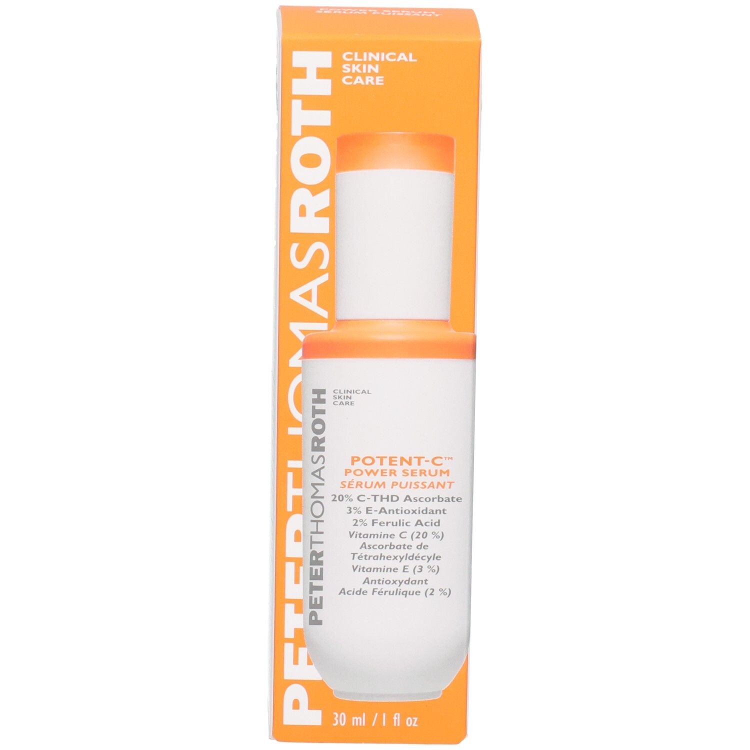 Peter Thomas Roth Potent C Power Serum Flasche mit orangefarbenem Verschluss.