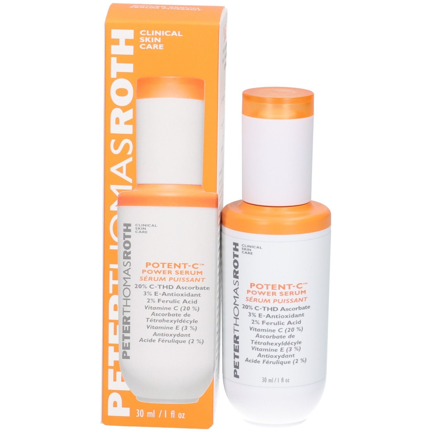 Peter Thomas Roth Potent C Power Serum Flasche und Umverpackung nebeneinander.