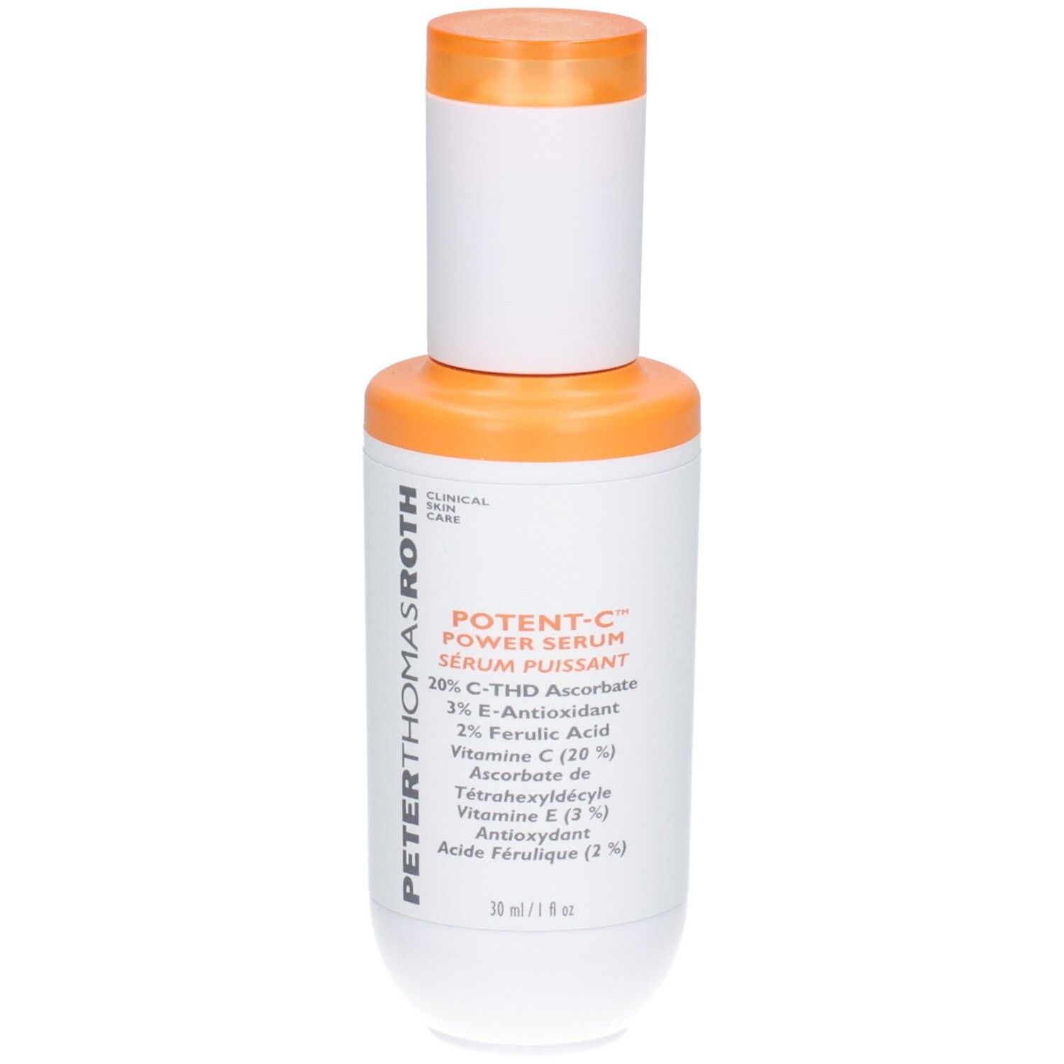 Peter Thomas Roth Potent C Power Serum Flasche mit orangefarbenem Verschluss und Etikett.