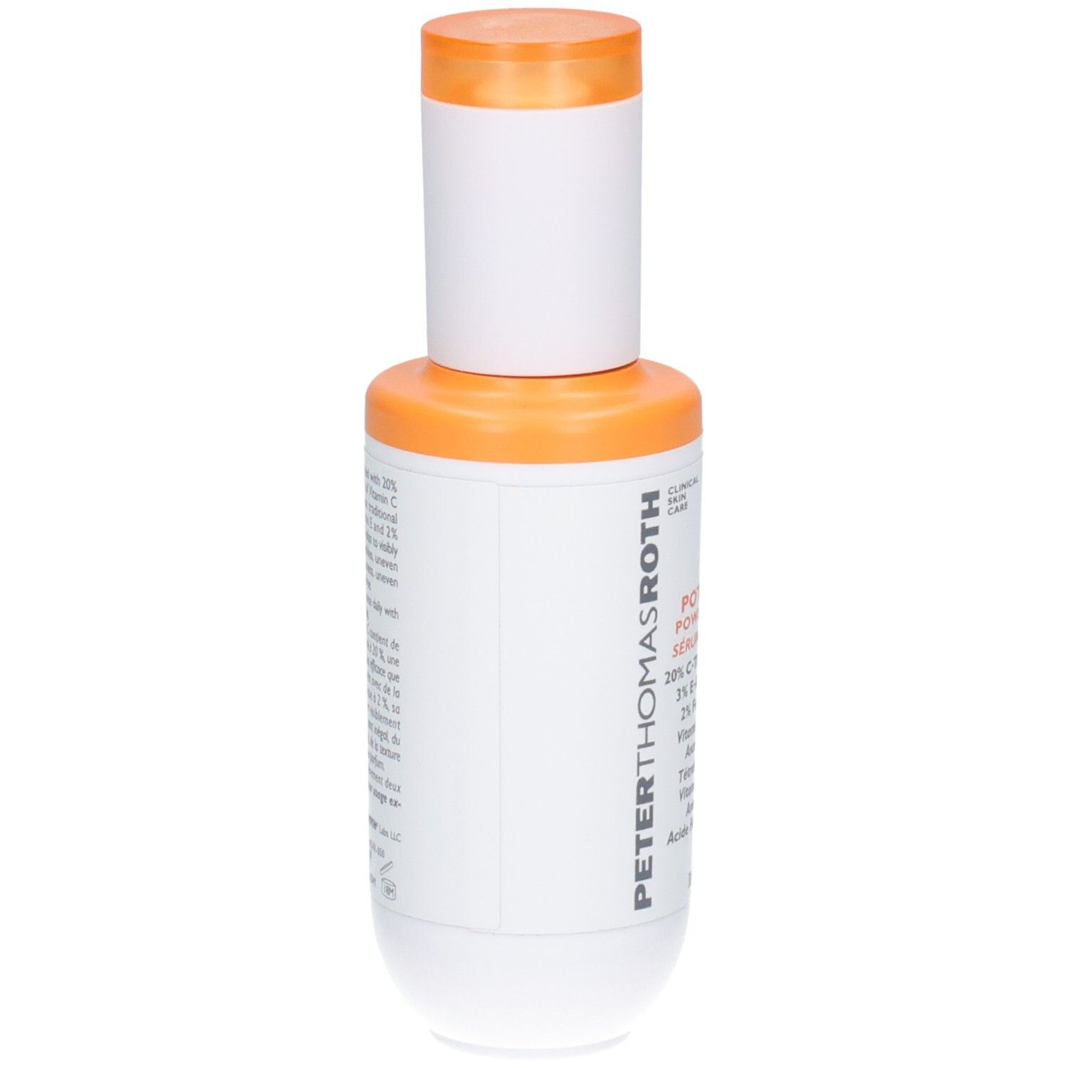 Peter Thomas Roth Potent C Power Serum Flasche mit orangefarbenem Verschluss, Seitenansicht.