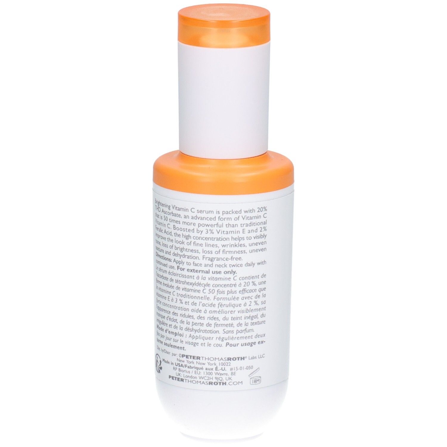 Peter Thomas Roth Potent C Power Serum Flasche mit orangefarbenem Verschluss, Rückseitenansicht.