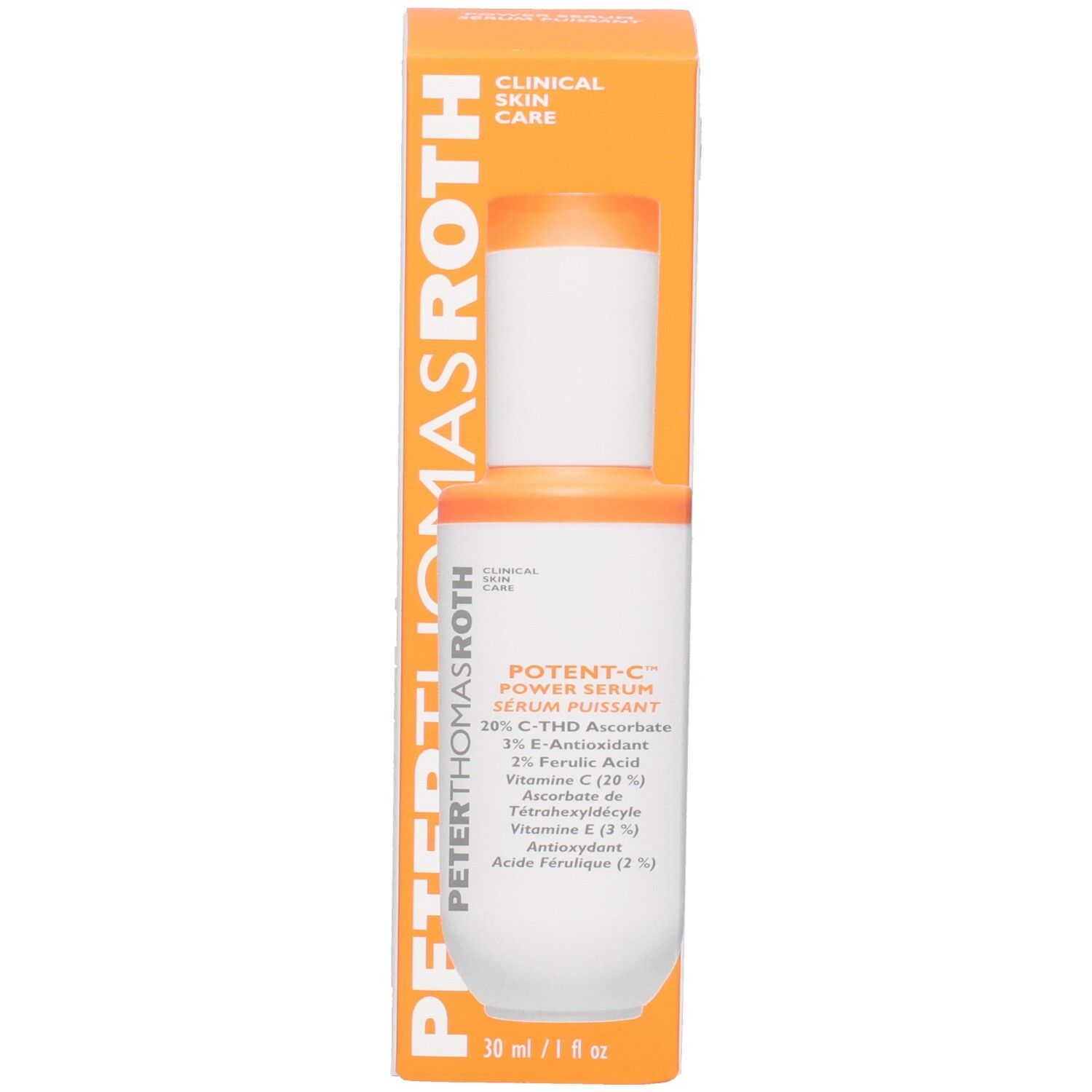 Peter Thomas Roth Potent C Power Serum Flasche und Umverpackung, leicht schräg.