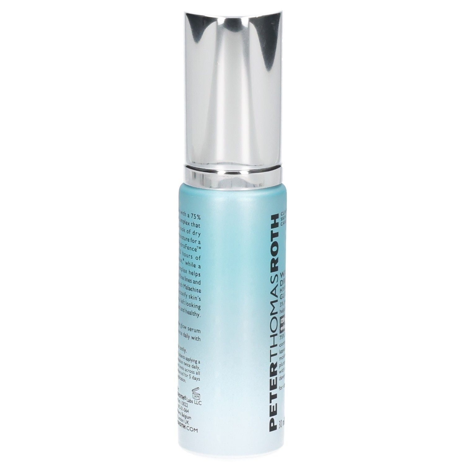 Peter Thomas Roth Water Drench Hyaluronic Glow Serum Rückseite der Flasche mit Produktinformationen.