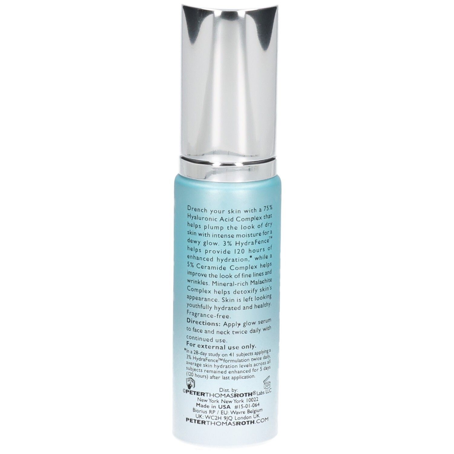 Peter Thomas Roth Water Drench Hyaluronic Glow Serum Rückseite der Flasche mit Anwendungshinweisen.
