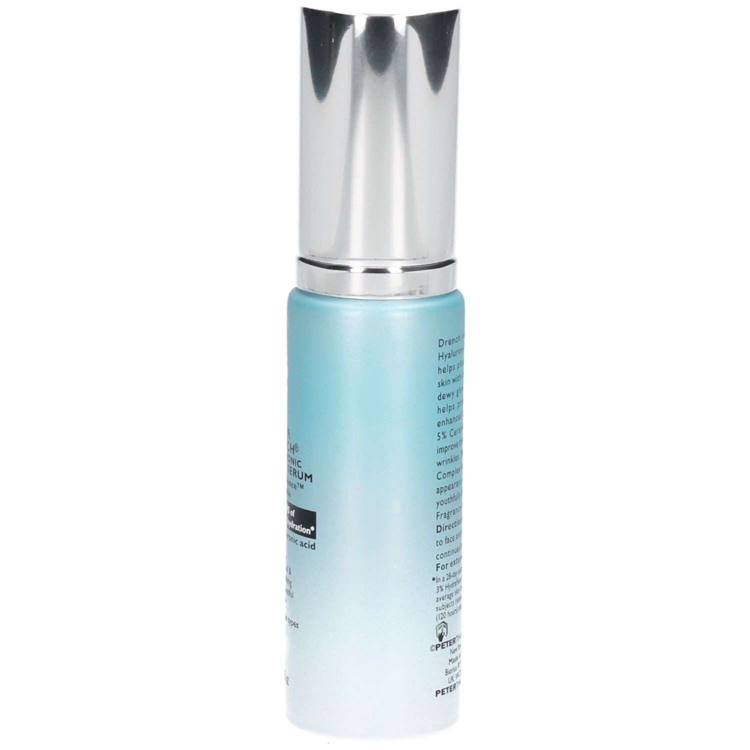 Peter Thomas Roth Water Drench Hyaluronic Glow Serum Flasche mit Pumpspender, Seitenansicht.