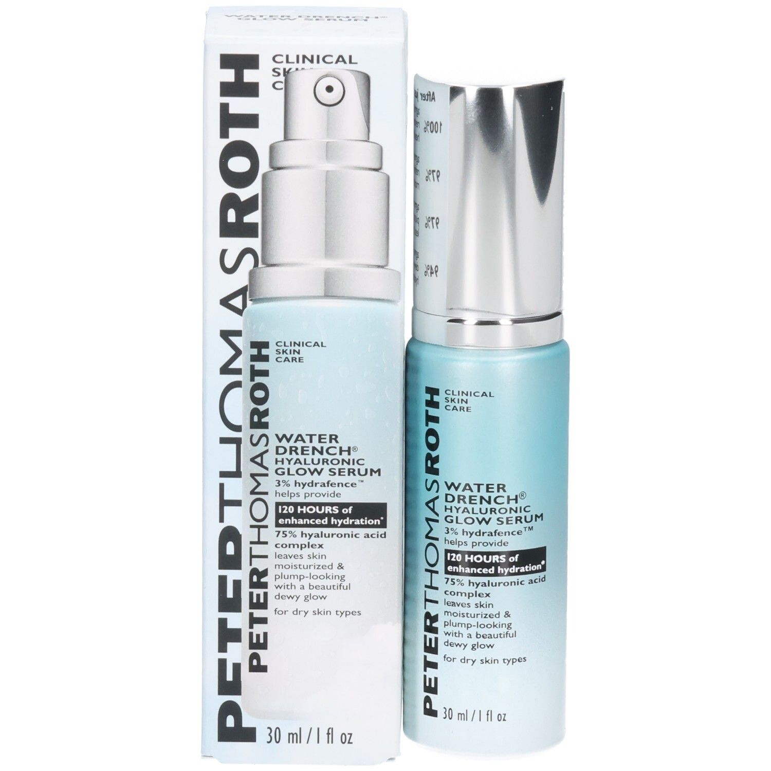 Peter Thomas Roth Water Drench Hyaluronic Glow Serum mit Verpackung, Vorderansicht.