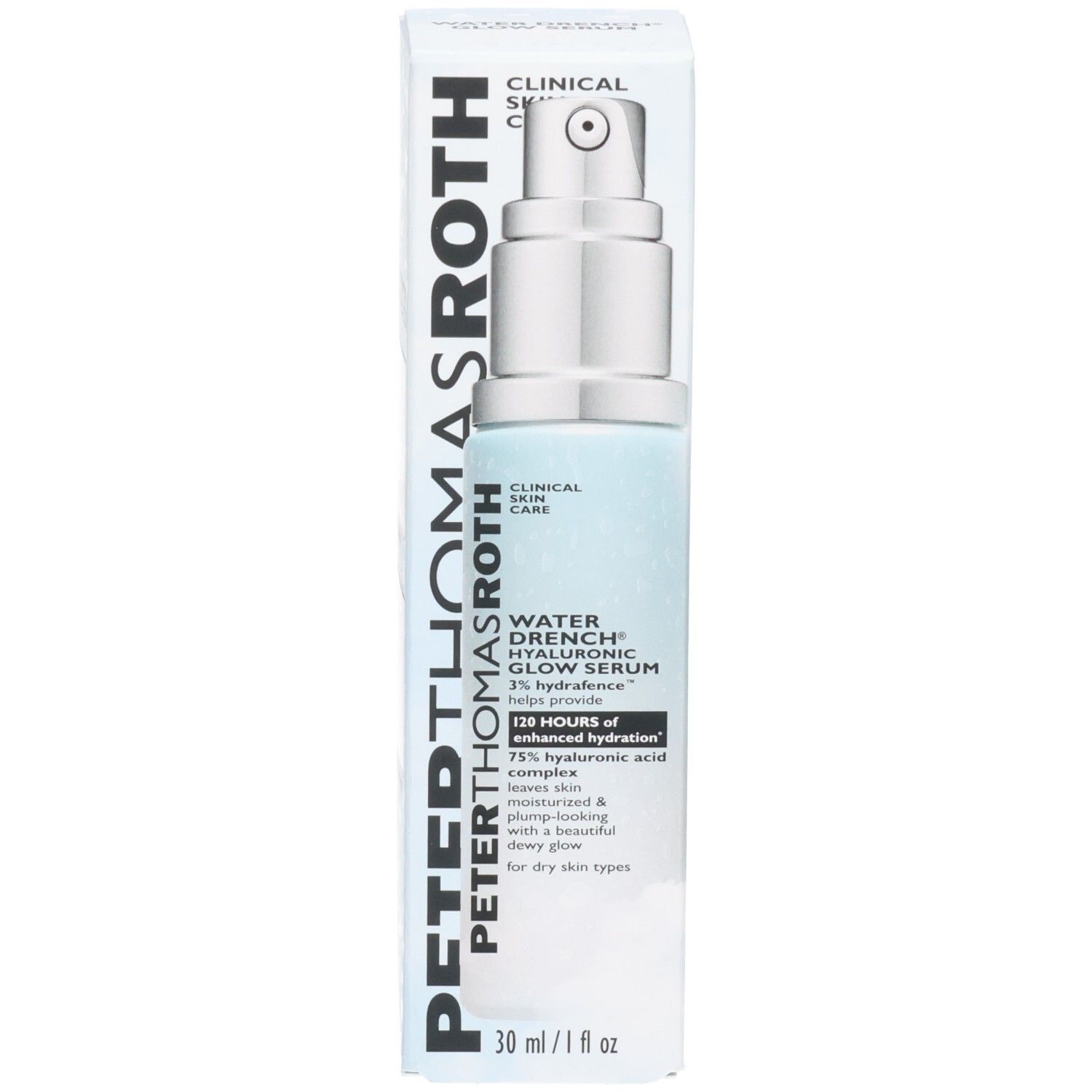 Peter Thomas Roth Water Drench Hyaluronic Glow Serum mit Verpackung, Vorderansicht.
