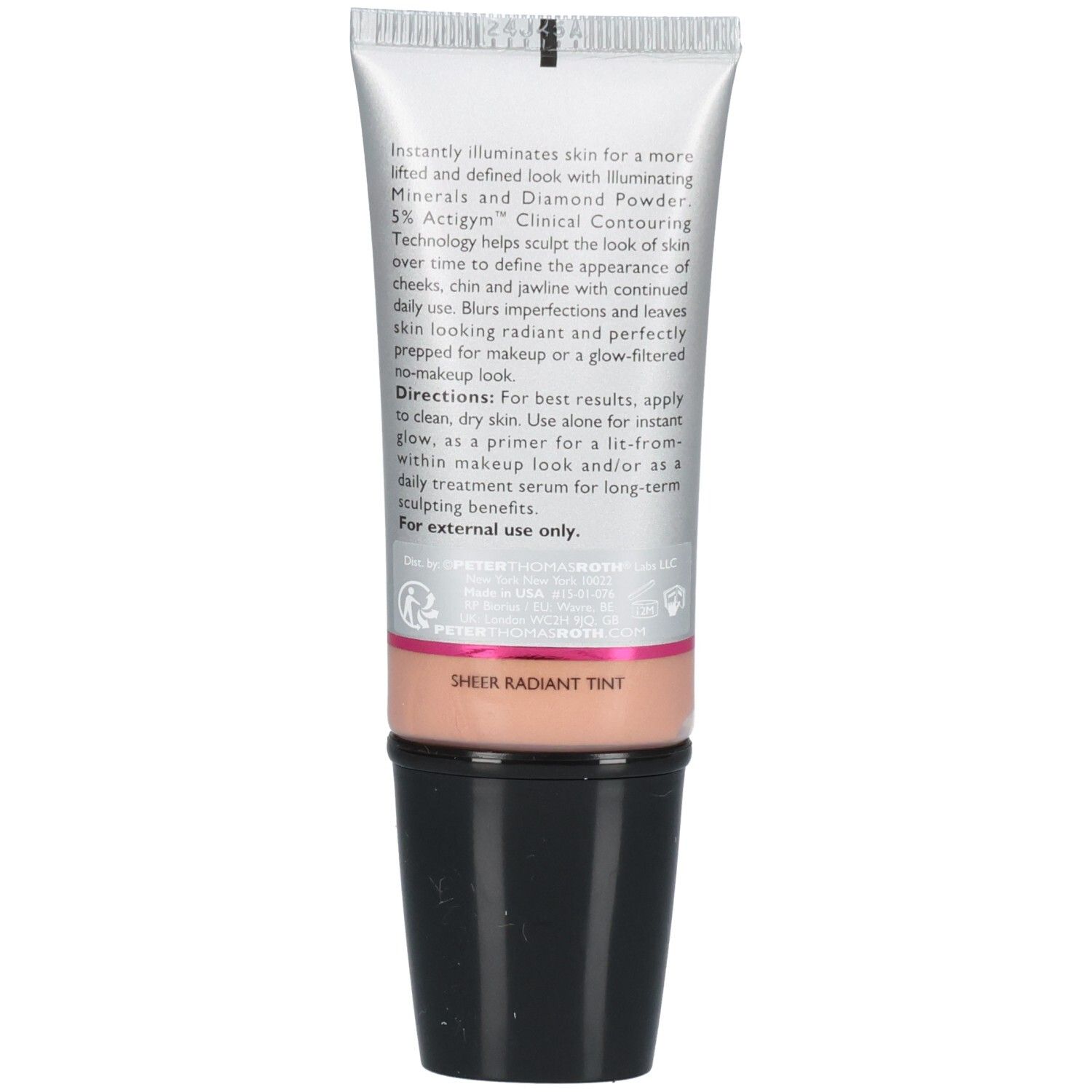 Rückseite der Peter Thomas Roth Instant Firmx Glow-Filter Priming Serum Tube mit Anwendungshinweisen.
